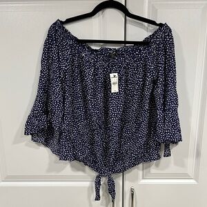 Express Navy and White Off-Shoulder Blouse